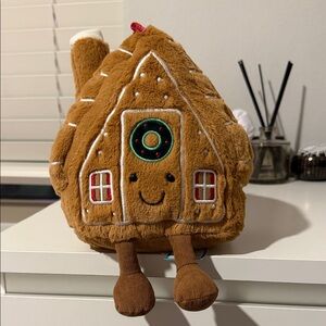 Jellycat Brown Gingerbread House Plush with Red & Green Accents